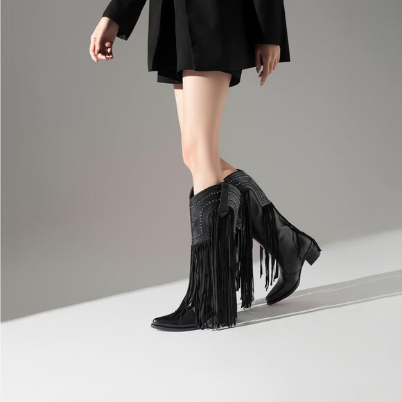 Women's Fashion Pointed Toe Chunky Pull On Knee High Heel Embroidered Black Boot - Picture 8 of 8
